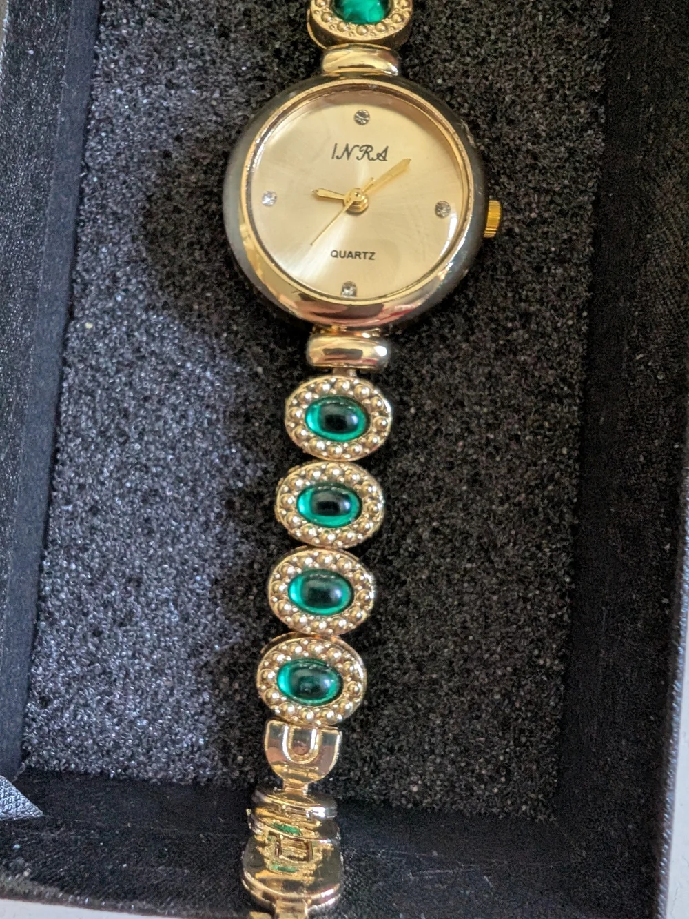 INRA Women’s Green Rhinestone Bracelet Quartz Watch Vintage Gold Tone